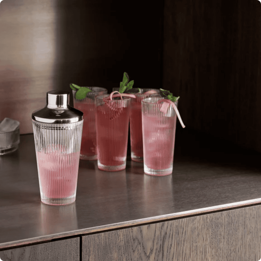 Pilastro cocktail shaker & 8 stk. long drink glas 0,3 l. (2 pakker a 4 stk.)